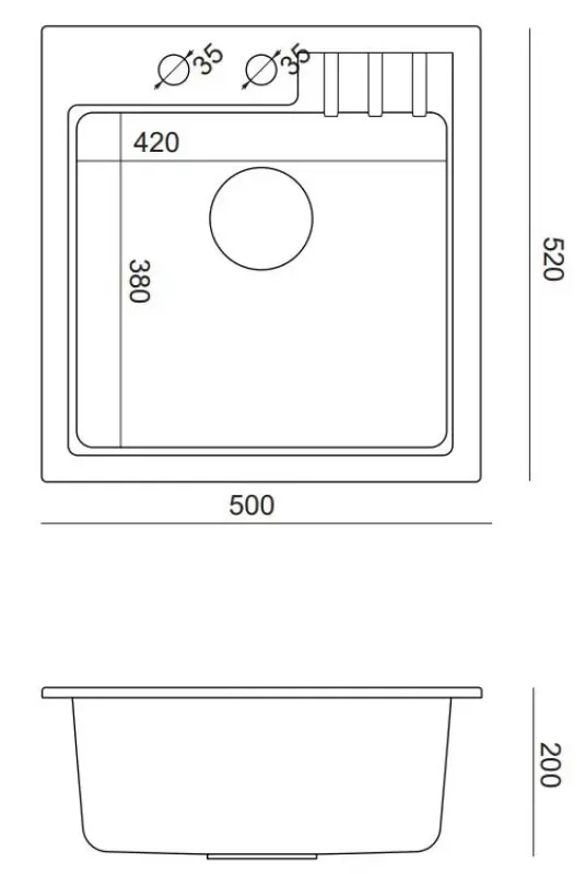 Quadri Cardigan černý žulový vestavný dřez 50x52 cm s černou zátkou a otvorem pro vodovodní baterii 1208956162
