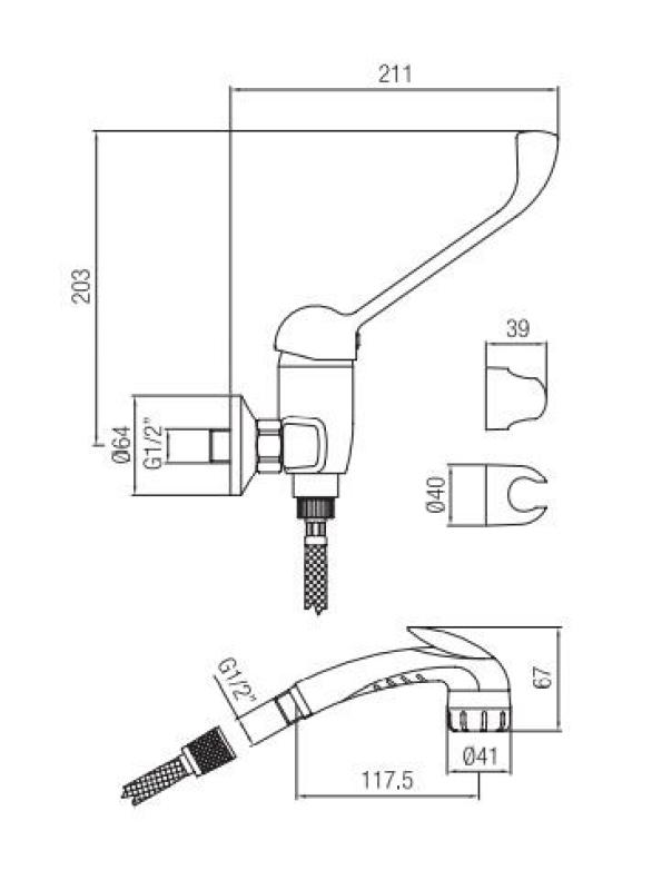 PB Clinic sprchová baterie pro tělesně postižené s dlouhou pákou chrom s ruční sprchou 1208956283