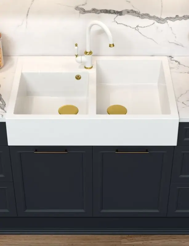 Quadri Minister Dvojité Umyvadlo bílý venkovský styl 90x62cm s měděnou zátkou a přepadem 1208956329