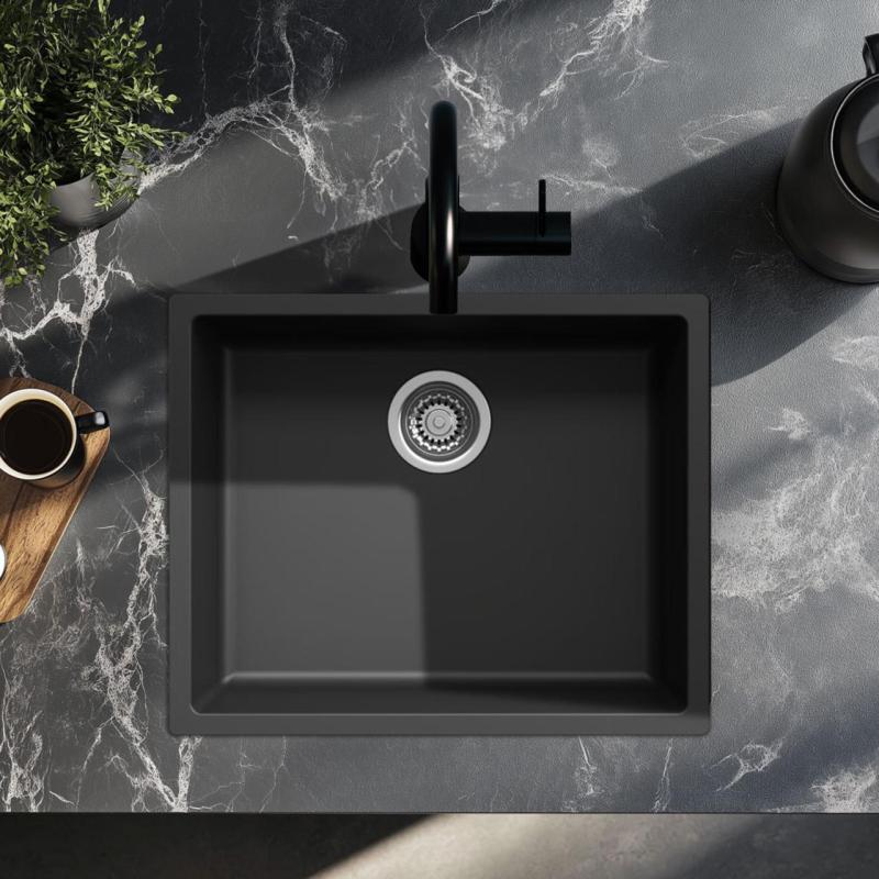 Černý dřez 50x40cm podstavný, vestavný a plochý s nerezovým uzávěrem 1208956395