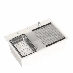 Quadri bílý tvrdý žulový dřez na desku 76x50 cm včetně příslušenství 1208956409