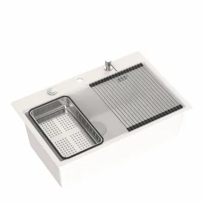 Quadri bílý tvrdý žulový dřez na desku 76x50 cm včetně příslušenství 1208956409