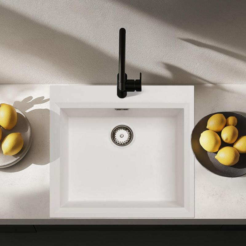 Bílý vestavný dřez 58x53cm s otvorem pro baterii a nerezovou zátkou 1208956763