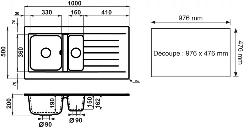 Ausmann Fibre 1,5 černý plastový dřez otočný s odkapávačem, povrchová úprava 100x50 cm 1208956783