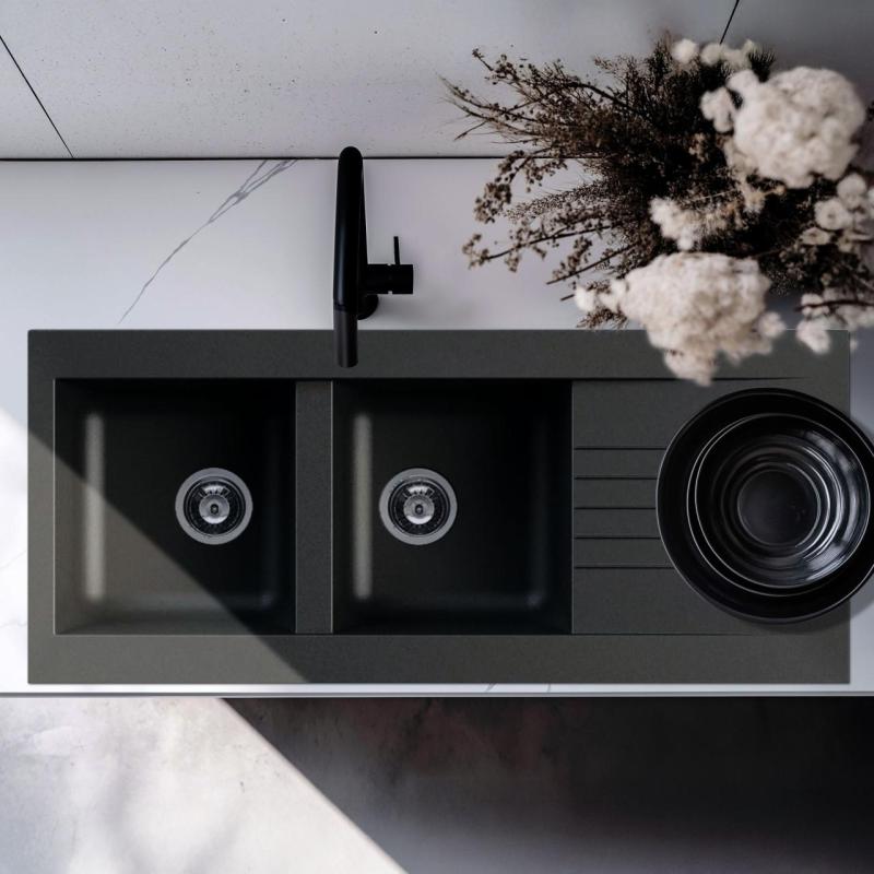 Ausmann Fibre dvojitý černý plastový dřez s odkapávačem, oboustranný, 116x50 cm, 1208956787