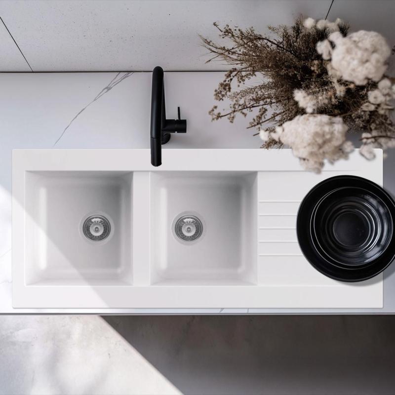 Ausmann Fibre dvojitý bílý plastový dřez, oboustranný s odkapávačem, montáž na povrch 116x50 cm 1208956794