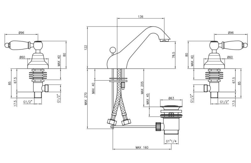 PB klasická tříotvorová baterie pro umyvadlo, bílé rukojeti, nerez 1208956908