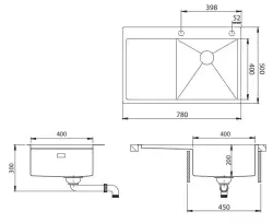 Ausmann Turt nerezový dřez s odkapávací plochou vlevo 780x500mm montáž na pracovní desku a montáž do roviny 1208956957
