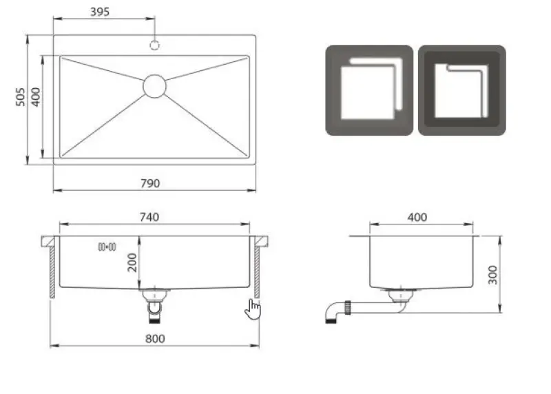 Ausmann Oder Blue velký dřez z nerezové oceli 79x50 cm pro plochou a horní montáž s otvorem pro baterii 1208957119