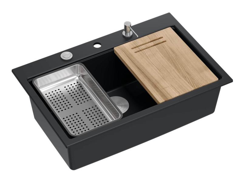 Quadri matně černý granitový nástavec velký dřez 76x50cm včetně příslušenství 1208957201