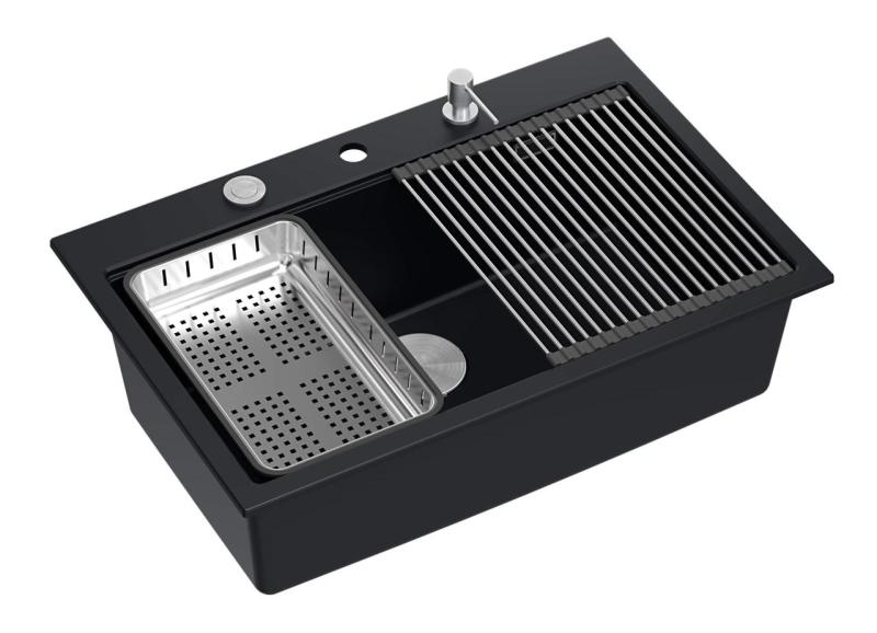 Quadri matně černý granitový nástavec velký dřez 76x50cm včetně příslušenství 1208957201