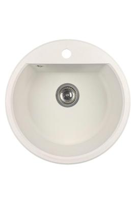 GraniteMy Bremen kulatý žulový dřez 43 cm bílý na desku i pod desku s otvorem pro baterii s nerezovou zátkou 1208957356