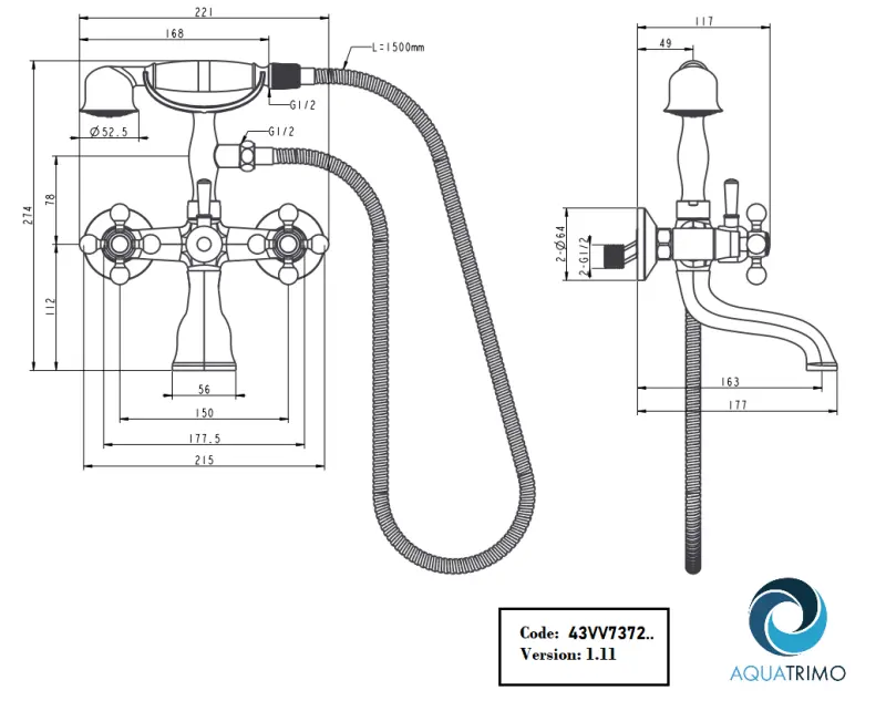 AquaTrimo Vivaldi klasická nástěnná vanová baterie s křídlovými kohoutky chrom včetně ruční sprchy 43VV7372CM