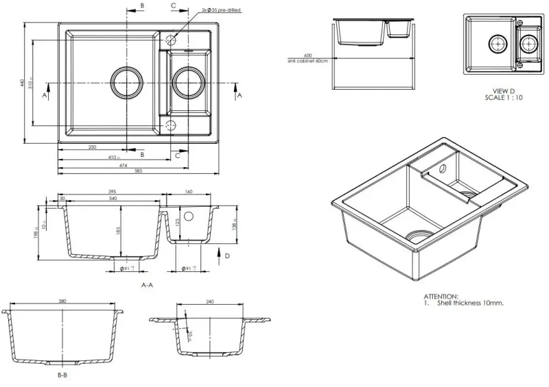 GraniteMy Smart extra mělký 1,5 granitový vestavný černý dřez, oboustranný, 58x44 cm, 1208957386