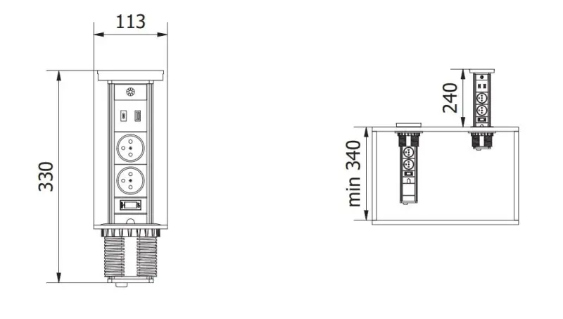 Indux Lift zasouvací zásuvka se zemnícím kontaktem černá kuchyňská zásuvka v pracovní desce s osvětlením, 2 x USB a bezdrátové nabíjení 1208957401