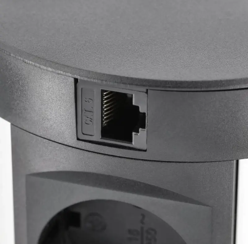 Indux Push výsuvná zásuvka s uzemněním do kuchyňské desky černá s 4 zásuvkami, 2 x USB, 2 x RJ45 a bezdrátovým nabíjením 1208957420