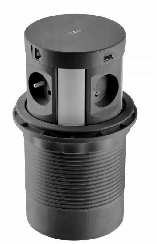 Indux Push zapustitelná zemnicí zásuvka pro kuchyň černá v pracovní desce se 4 zásuvkami, 2 x USB, 2 x RJ45 a bezdrátovým nabíjením 1208957421