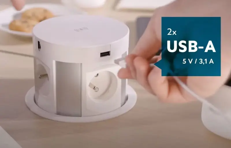 Indux Push zapustitelná zemnicí zásuvka pro kuchyň černá v pracovní desce se 4 zásuvkami, 2 x USB, 2 x RJ45 a bezdrátovým nabíjením 1208957421