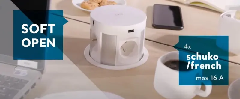 Indux Push zapustitelná zemnicí zásuvka pro kuchyň černá v pracovní desce se 4 zásuvkami, 2 x USB, 2 x RJ45 a bezdrátovým nabíjením 1208957421