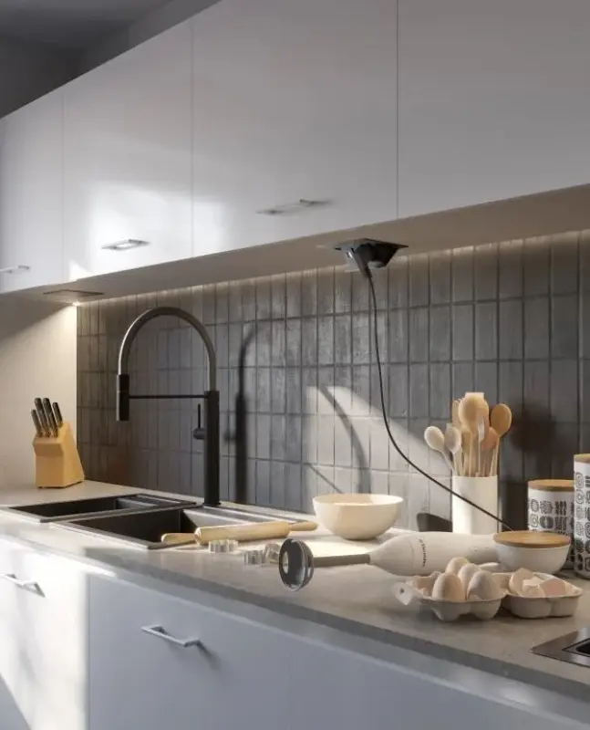 Indux Flip Small kuchyňská zásuvka s ochranným kontaktem v pracovní desce nebo horní skříňce matná bílá se 2 USB nabíječkami 1208957423