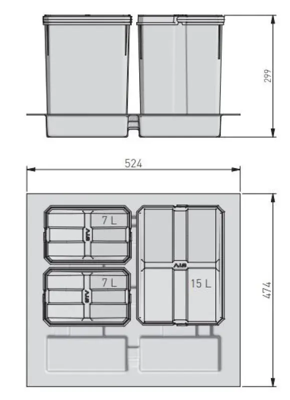 Garbi Basket B-60-3 třídicí odpadkový systém pro zásuvku 60 cm včetně držáku a 3 odpadkových košů 1208957473
