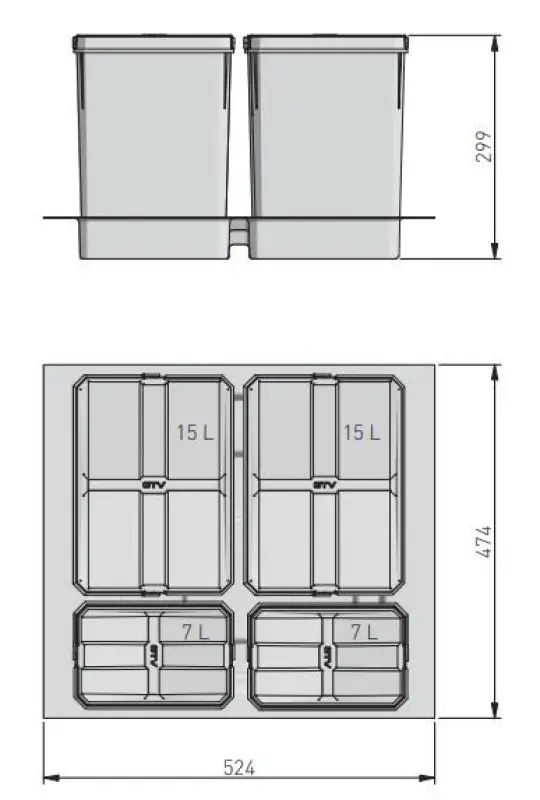 Garbi Basket B-60-4 třídicí odpadkový systém pro zásuvku 60 cm včetně držáku a 4 odpadkových košů 1208957475