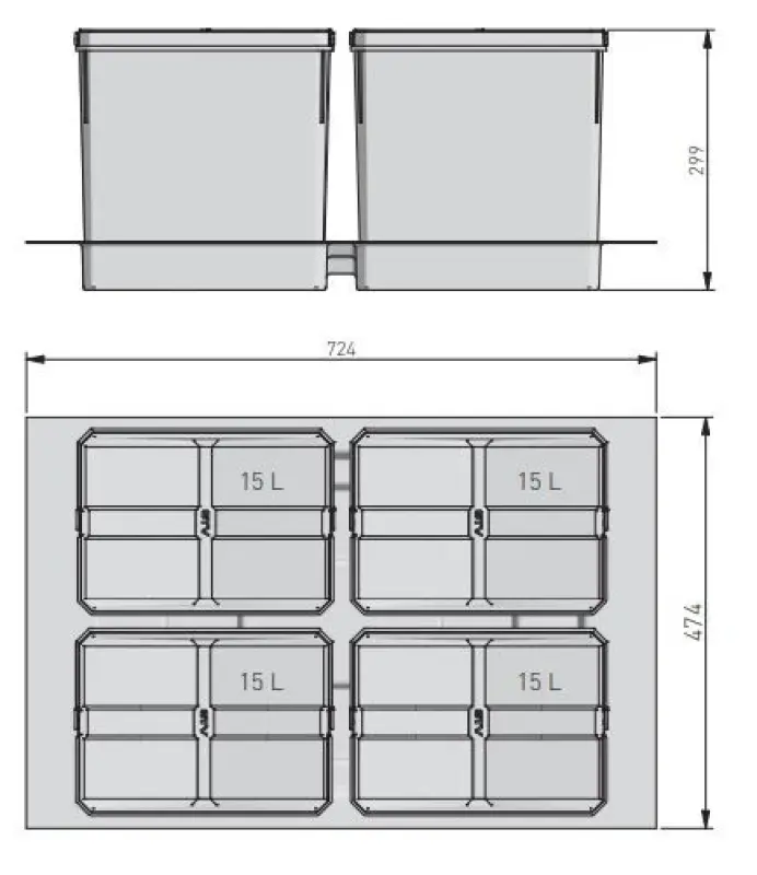 Garbi Basket B-80-4-G třídící odpadkový systém pro zásuvku 80 cm včetně držáku a 4 x 15 litrových odpadkových košů 1208957478
