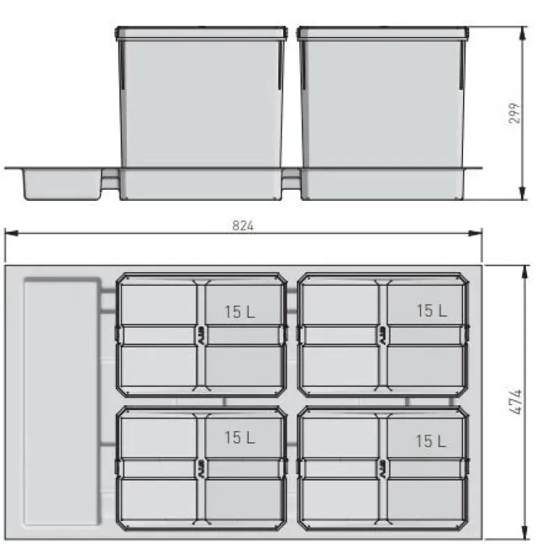 Garbi Basket B-90-4 třídicí odpadkový systém pro zásuvku 90 cm včetně držáku a 4 x 15 litrových odpadkových košů 1208957479