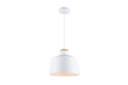 Decor Margus matná bílá kovová závěsná lampa s dřevěným doplňkem 3086