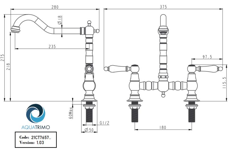 AquaTrimo Country 2-otvorová klasická kuchyňská nostalgická mostová kuchyňská baterie s úhlovým výtokem chrom 21CT7657CM