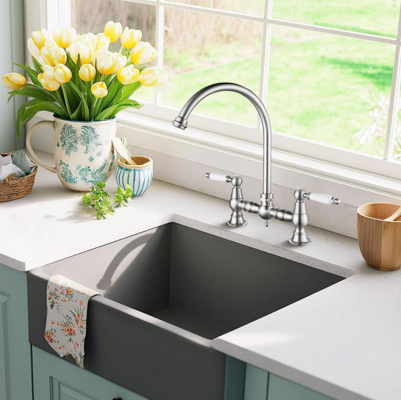 AquaTrimo Country 2-otvorová klasická kuchyňská nostalgická mostová kuchyňská baterie s obloukem barva nerezová ocel 21CT7655NM