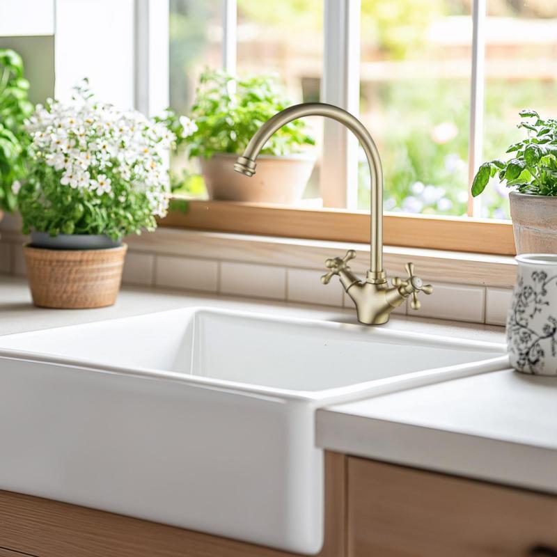 AquaTrimo Windsor klasická kuchyňská nostalgická kuchyňská baterie s kulatým výtokem bronz 21WS7652BN