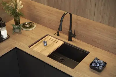Quadri Newport II velký a hluboký dřez granitový, montáž na pracovní desku a pod pracovní desku, černý dřez 76x45, 1208957855