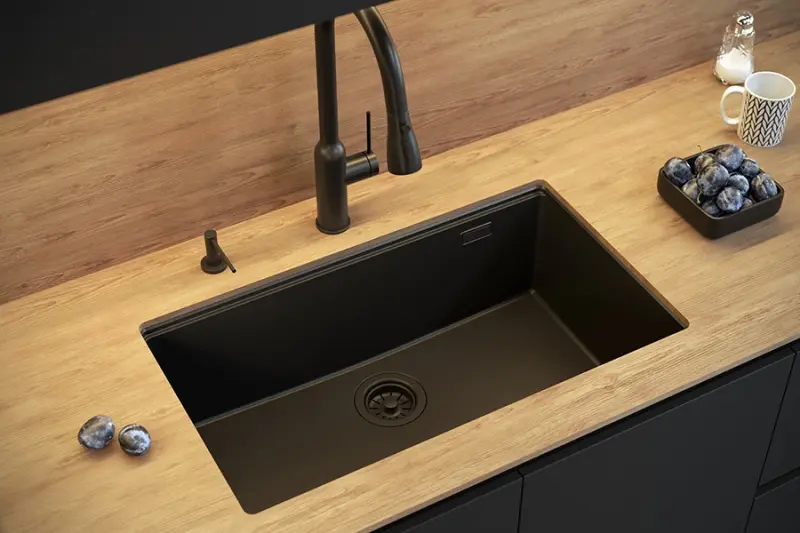 Quadri Newport II velký a hluboký dřez granitový, montáž na pracovní desku a pod pracovní desku, černý dřez 76x45, 1208957855