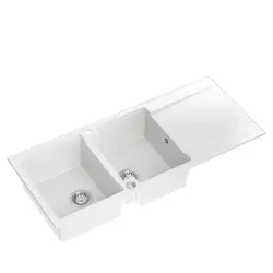 Quadri Luton vestavný dvojitý granitový dřez bílý s odkapávačem 116x50 cm s nerezovou zátkou 1208957882