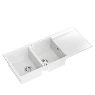 Quadri Luton vestavný dvojitý granitový dřez bílý s odkapávačem 116x50 cm s nerezovou zátkou 1208957882