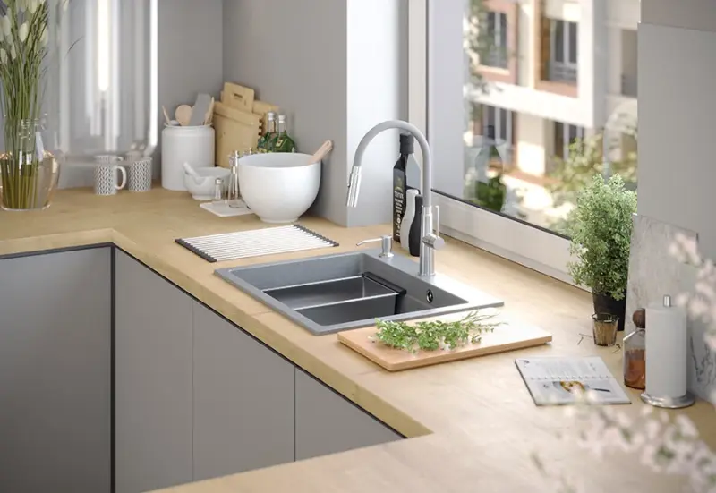 Quadri Durham bílý granitový dřez na povrchu 595x500 s dávkovačem mýdla, prkénkem na krájení, rolovací podložkou, vloženým dřezem a rolovací podložkou 1208957903