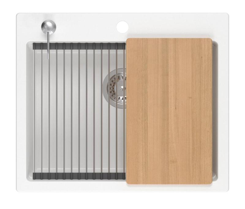 Quadri Durham bílý granitový dřez na povrchu 595x500 s dávkovačem mýdla, prkénkem na krájení, rolovací podložkou, vloženým dřezem a rolovací podložkou 1208957903