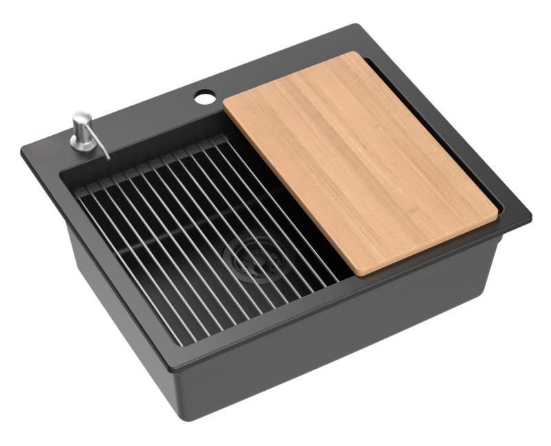 Quadri Durham černý granitový nástavný dřez 595x500 s mýdelníkem, prkénkem na krájení, vkládací vanou a rolovací podložkou 1208957904