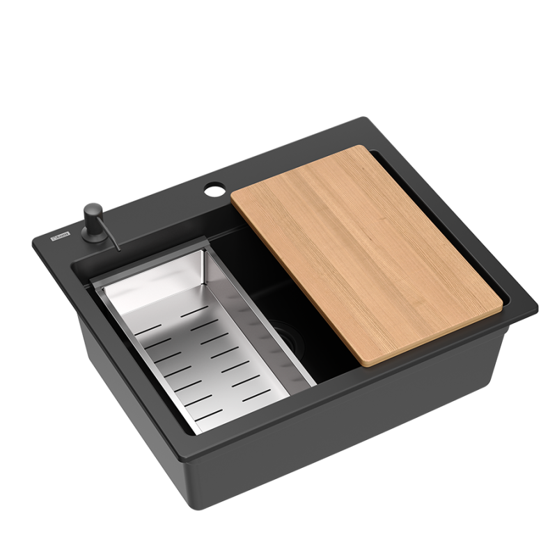 Quadri Durham černý granitový nástavný dřez 595x500 s mýdelníkem, prkénkem na krájení, vkládací vanou a rolovací podložkou 1208957904