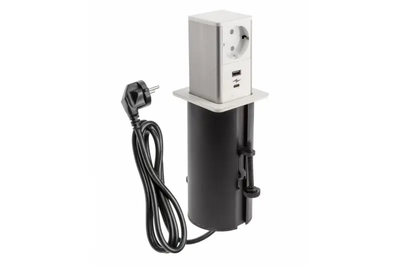 Indux Push vysouvací bílá zásuvka s ochranným kontaktem s 1x USB A a 1x USB C s nerezovým víkem 1208957931