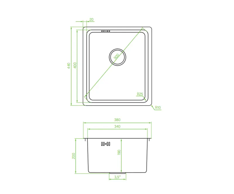 Aquadesign R25 nerezový dřez s montáží na desku, pod desku a do desky, rozměry 34 x 40 cm, 1208958201