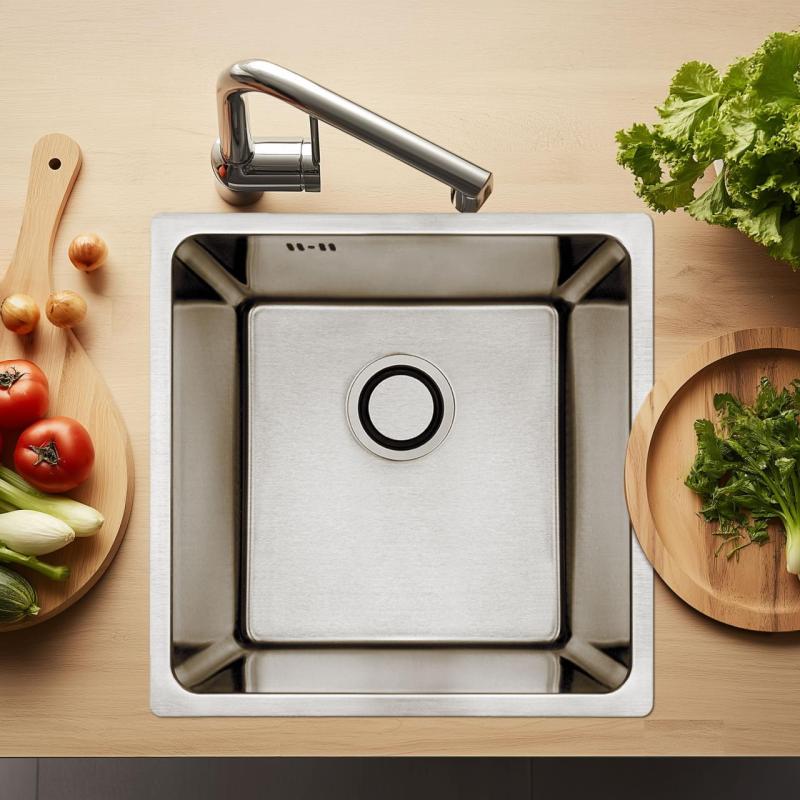 Aquadesign R25 nerezový dřez s odkapávačem, pro montáž na desku, pod desku nebo do desky, 40 x 40 cm, 1208958206