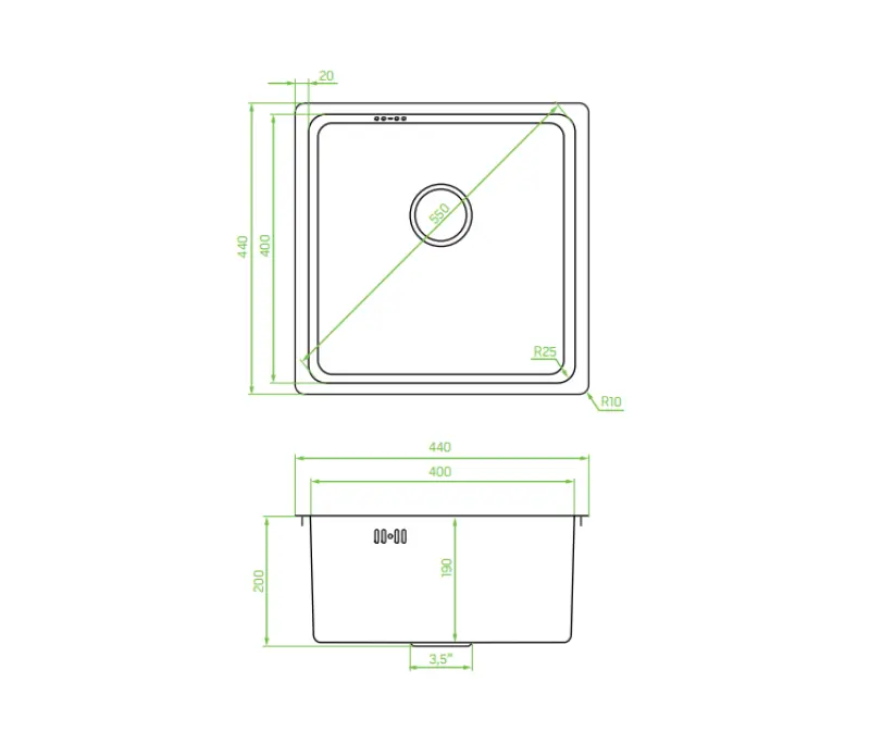 Aquadesign R25 nerezový dřez s odkapávačem, pro montáž na desku, pod desku nebo do desky, 40 x 40 cm, 1208958206