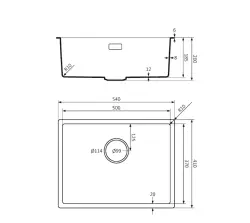 Lorreine BQ série dřez 54x41cm pro spodní montáž a montáž v rovině černý s gunmetalovou zátkou 50BQ37-FU-GUNMETAL