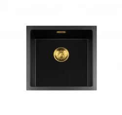 Lorreine BQ série dřez 45x45 cm nástavbový černý se zlatou zátkou 40BQ-T-GOLD