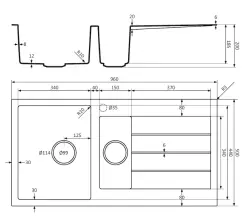 Lorreine BQ série 1.5 dřez 96x50cm černý montáž na pracovní desku s nerezovou zátkou 3415BQ44DB-T-INOX