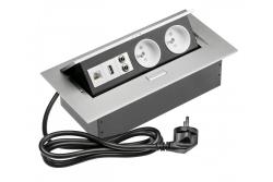 Prodlužovací kabel na stůl 2x zásuvka s uzemněním, gn. USB, audio (banán), gn. RJ45, napájecí kabel s konektorem, hliník 1208958677