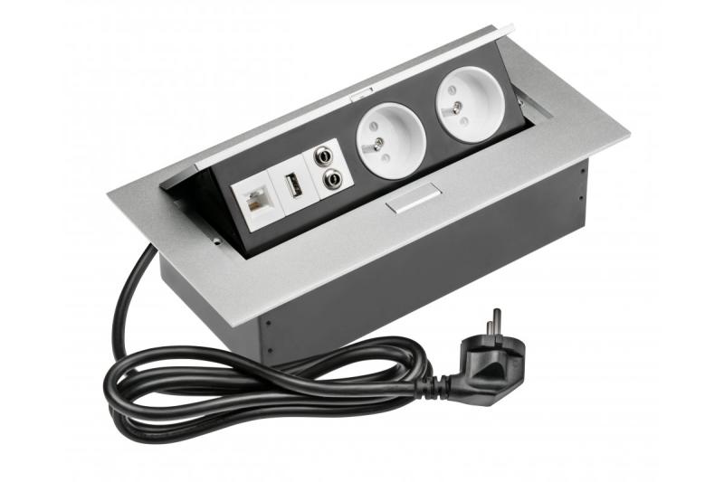 Prodlužovací kabel na stůl 2x zásuvka s uzemněním, gn. USB, audio (banán), gn. RJ45, napájecí kabel s konektorem, hliník 1208958677