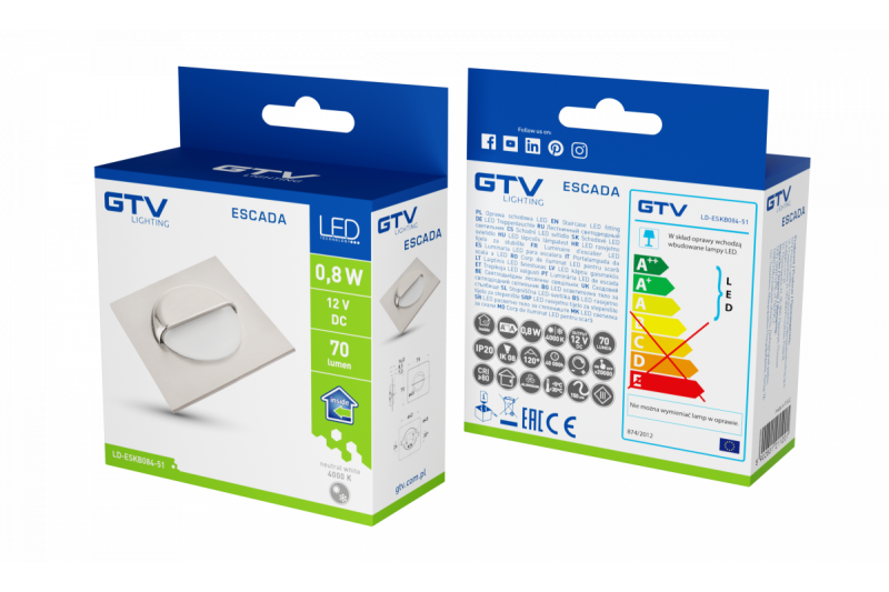 Dekorativní LED schodišťové svítidlo ESCADA KB DC12V čtvercové matné sklo 0,8W 70lm 4000K inox kabel 150cm.